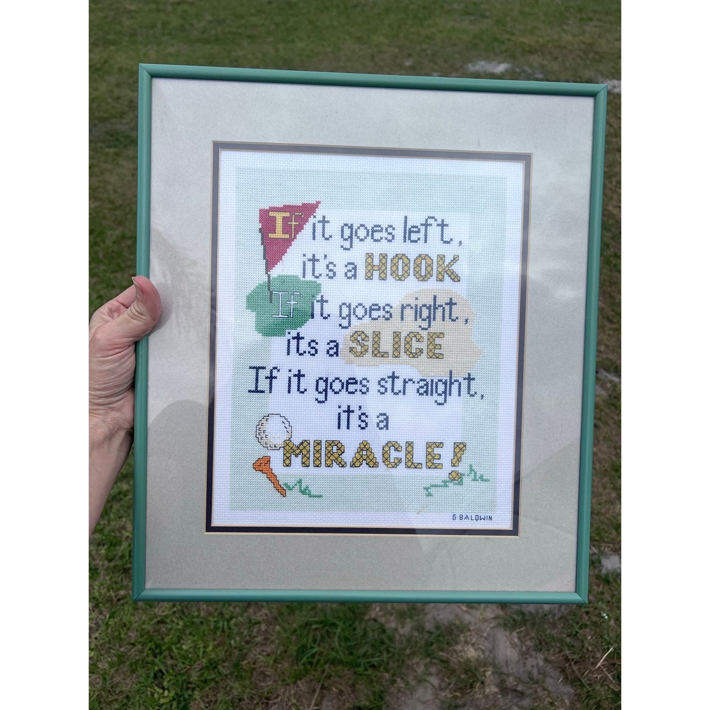 Custom framed vintage cross stitch Golf