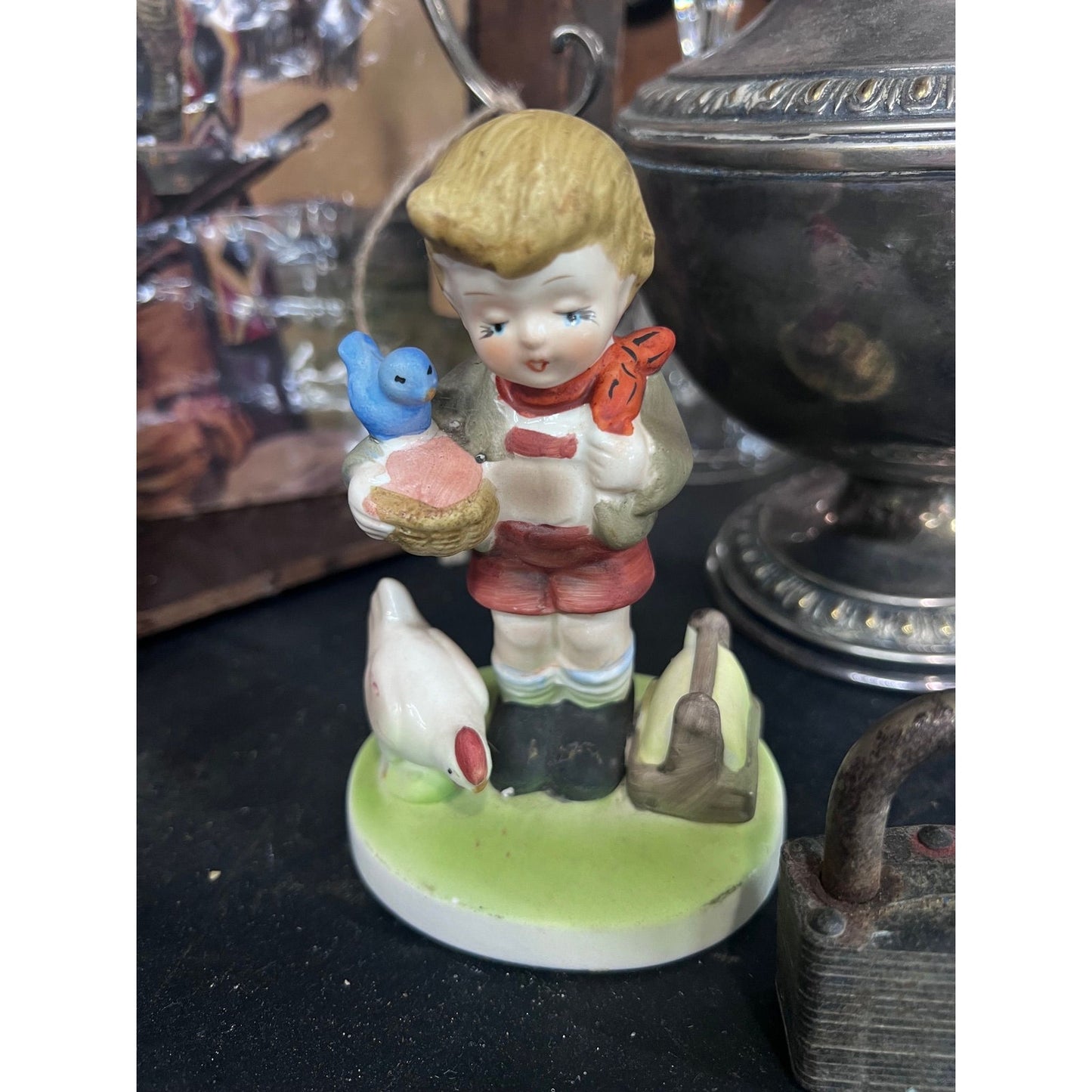 Vintage boy w/ chickens figurine