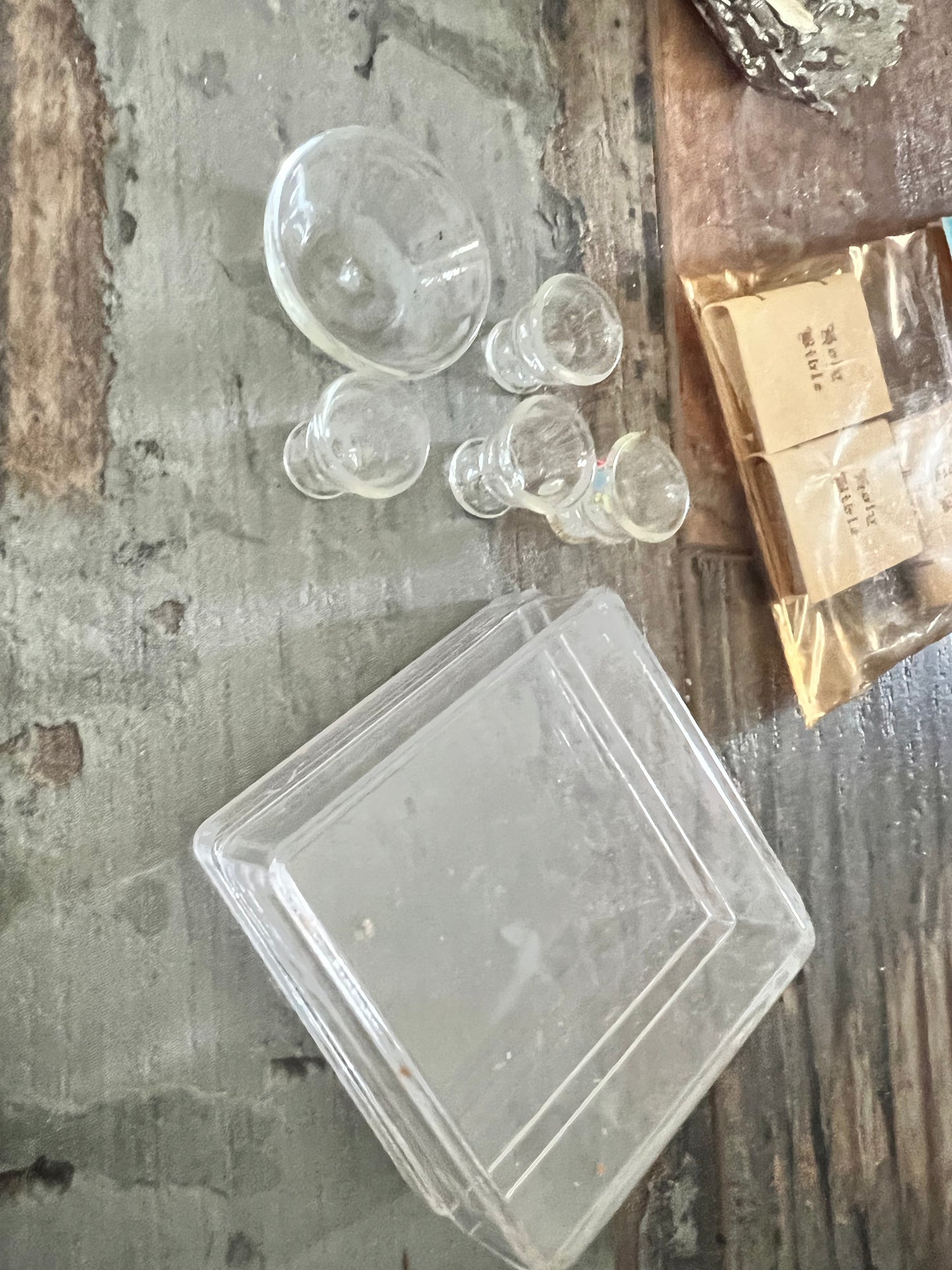 Miniatures, Doll house accessories, bubble gum machine, silverware, glassware, croquet set, Bibles 