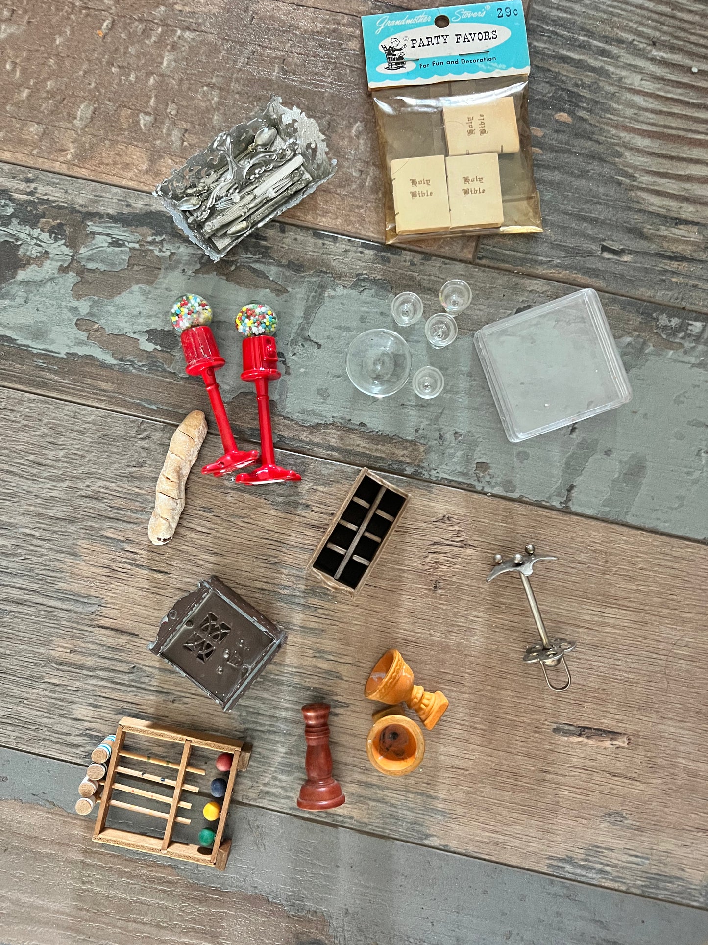 Miniatures, Doll house accessories, bubble gum machine, silverware, glassware, croquet set, Bibles 
