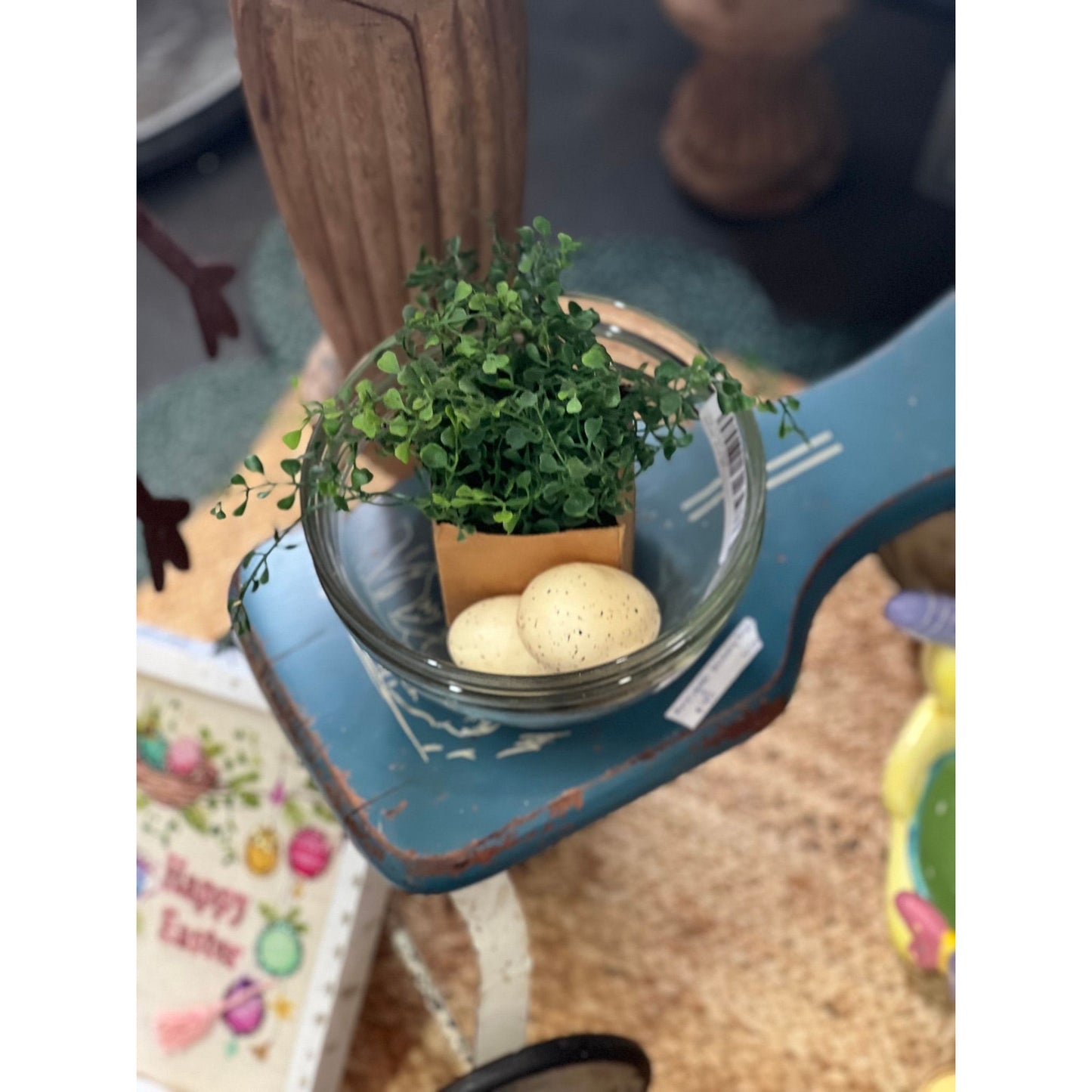 Easter vinette pyrex bowl, eggs & plant greenery