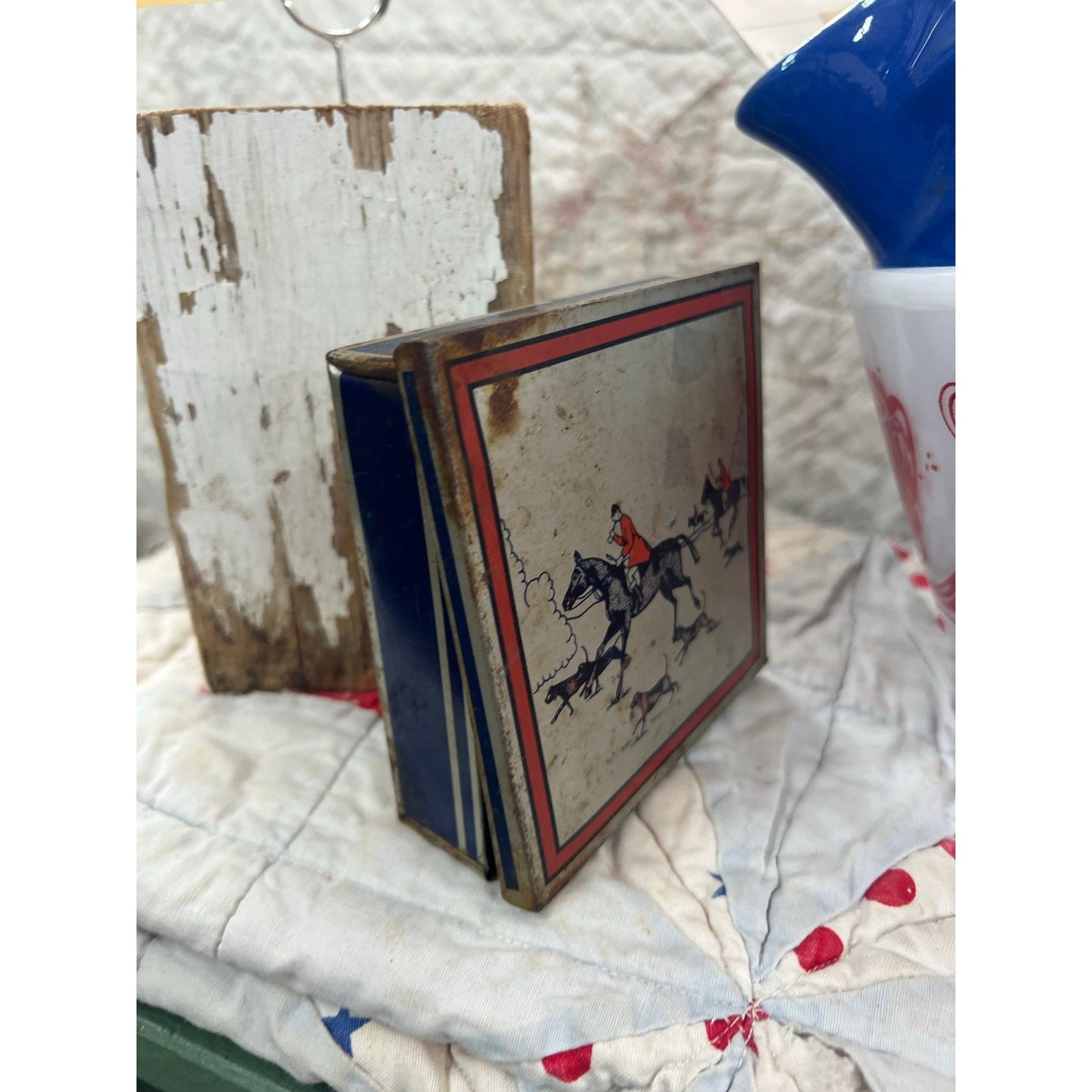 Vintage horse tin, red white & blue dog tin