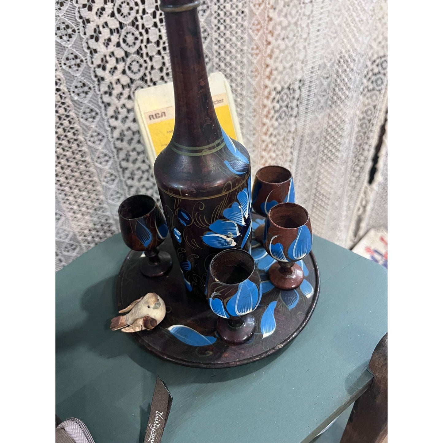 7 pc set made of wood Asian art, floral bottle & glasses