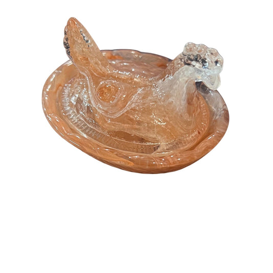 Mini hen on nest slag glass peach