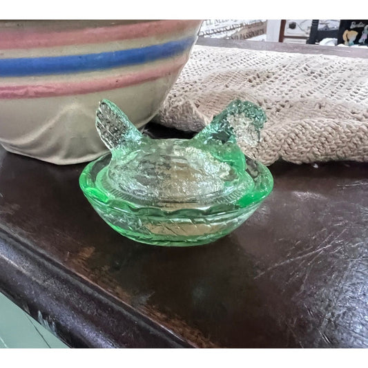 Mini hen on nest salt green glass