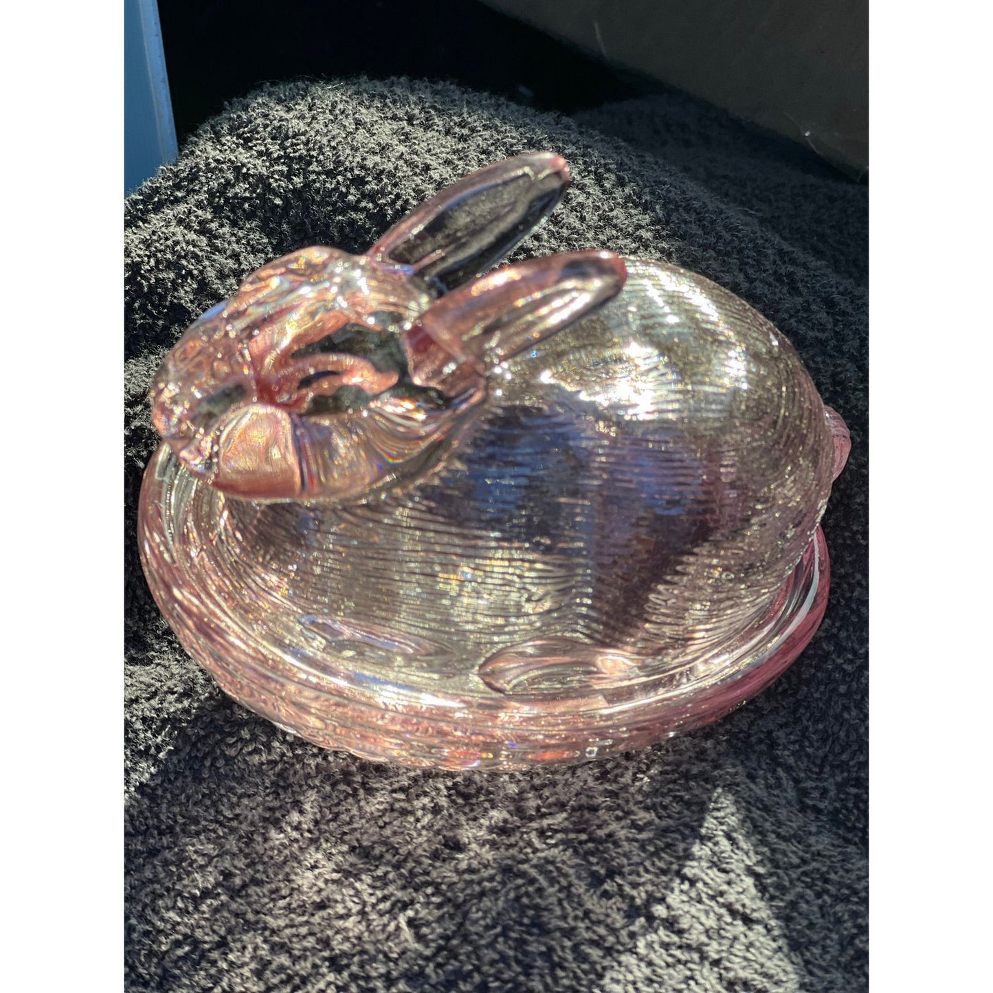 Pink glass bunny on nest, candy dish, like hen on nest