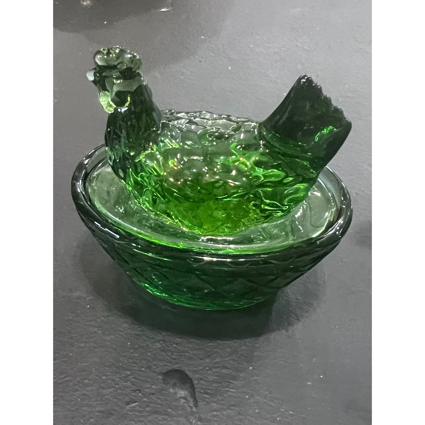 Mini hen on nest green glass