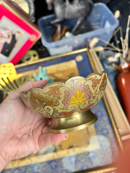 Pedestal brass dish with Peacock in center & beautiful color around the outside