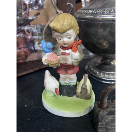 Vintage boy w/ chickens figurine