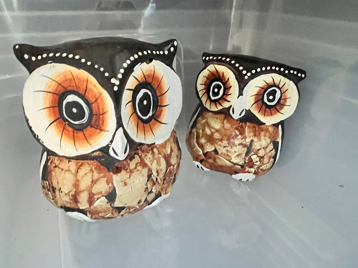 3 piece Owls, wood carved, hand painted