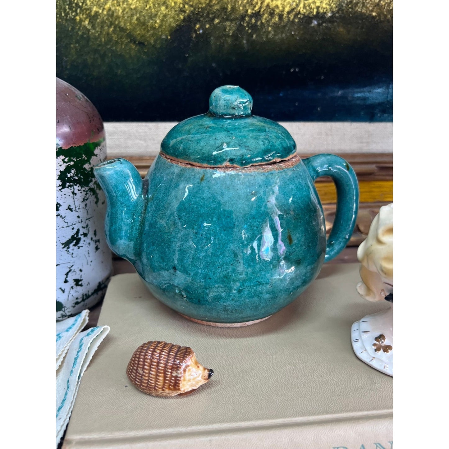 Vintage pottery, teal pitcher, with lid
