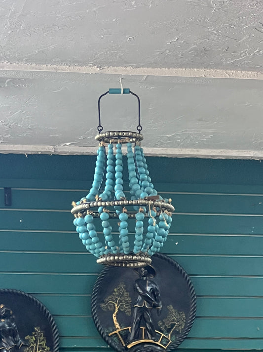 Gold & Turquoise wood beaded hanging lantern