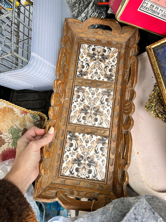 Hand carved tray with designed tiles inlaid