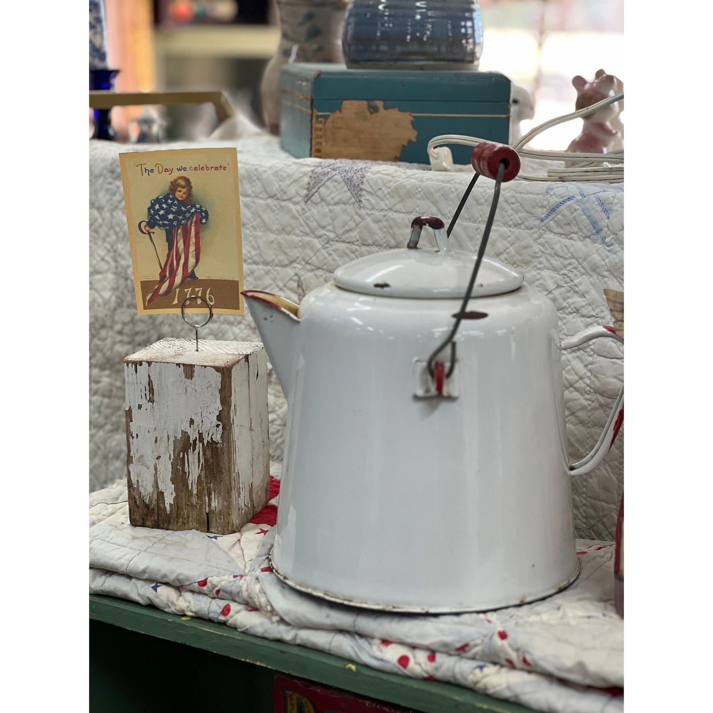 Vintage enamel tea kettle red & white w/ handle