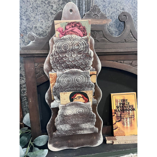 Vintage 70s wooden owl letter holder