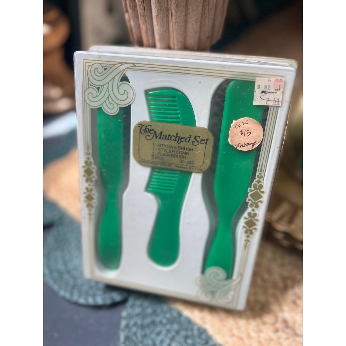 Vintage hair care set, hair brush, new old stock green