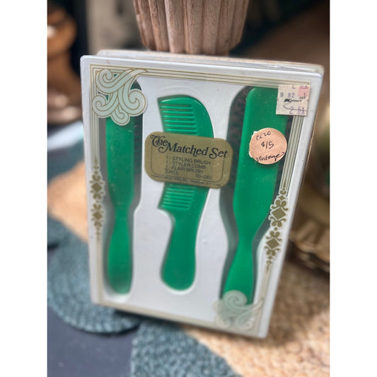Vintage hair care set, hair brush, new old stock green
