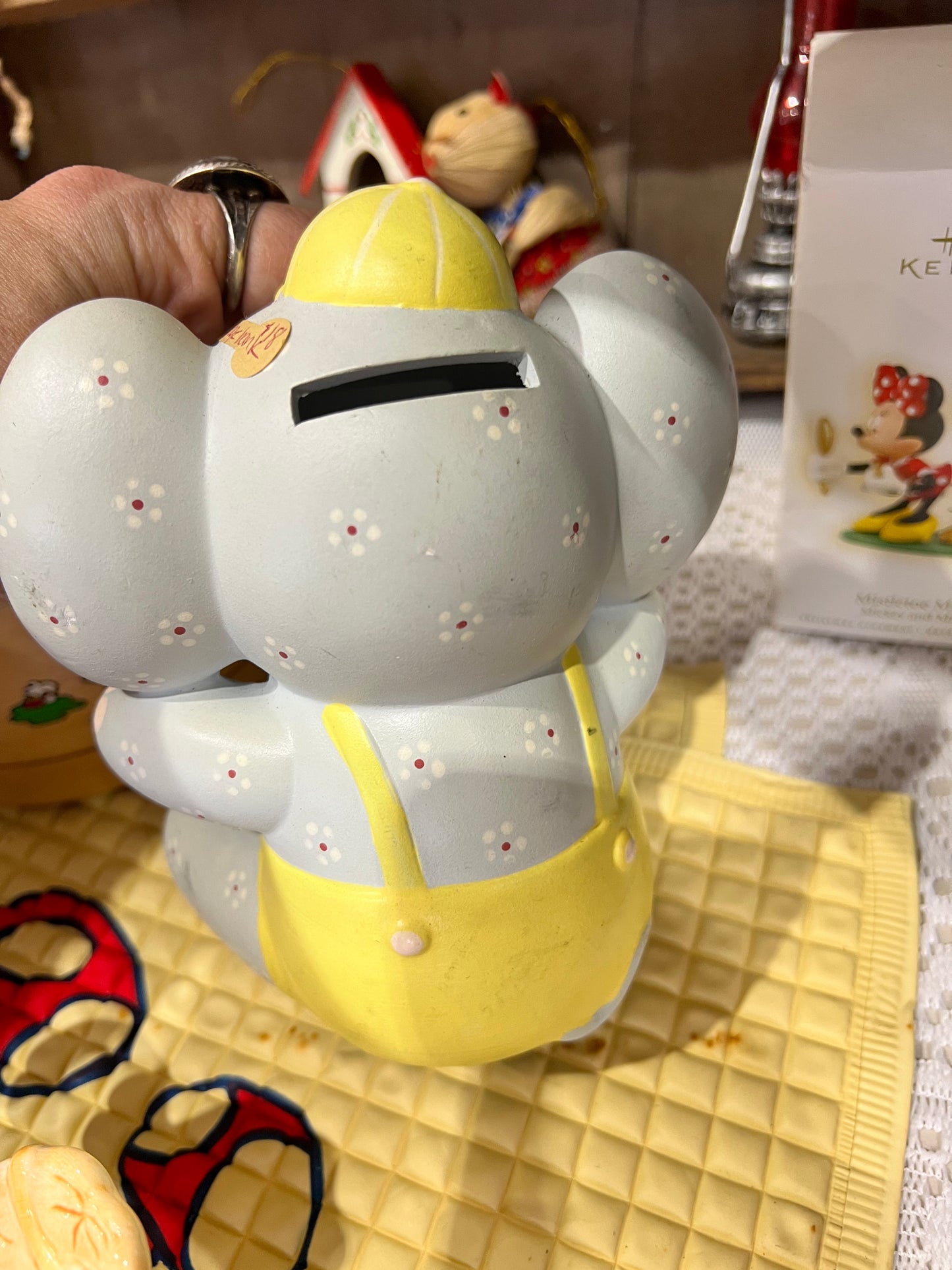 Enesco Elephant piggy bank in yellow overalls