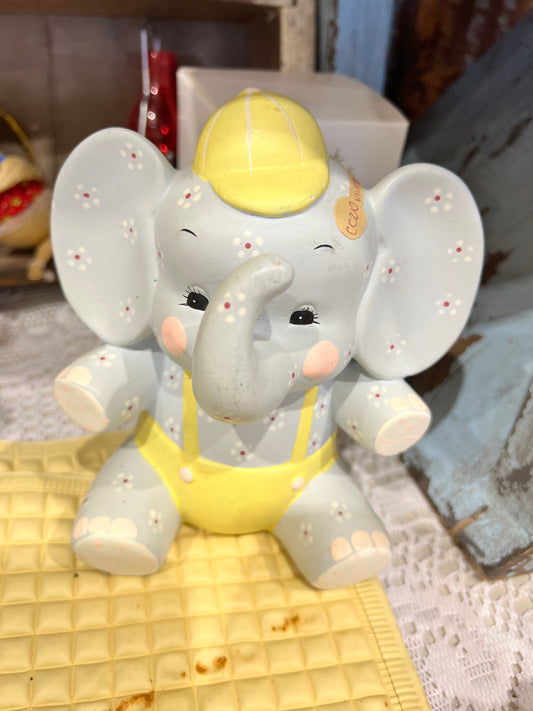 Enesco Elephant piggy bank in yellow overalls