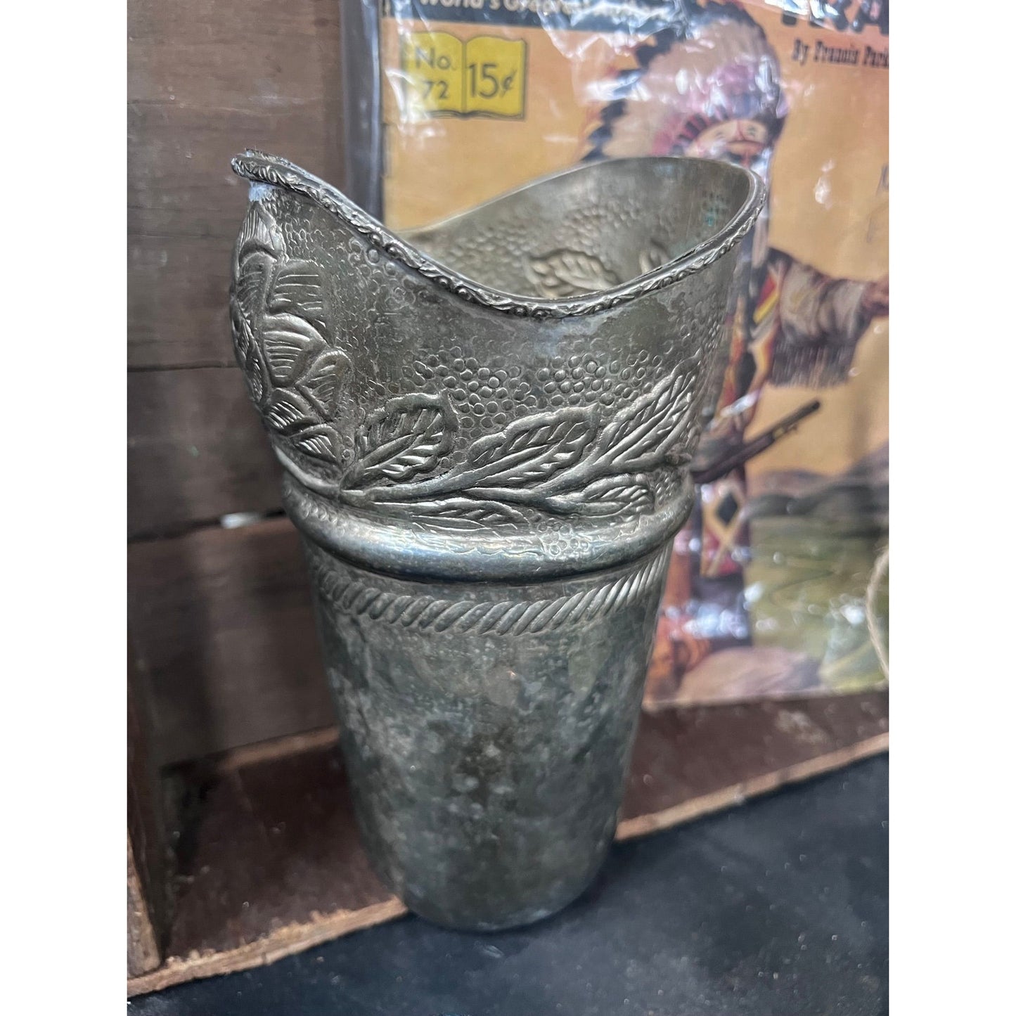Vintage Silver vase wide mouth raised images